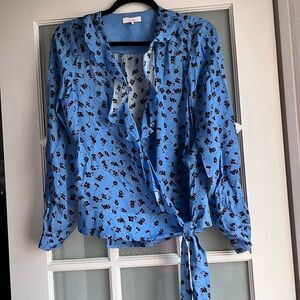Parker Blue Floral Wrap Blouse with Ruffle Trim